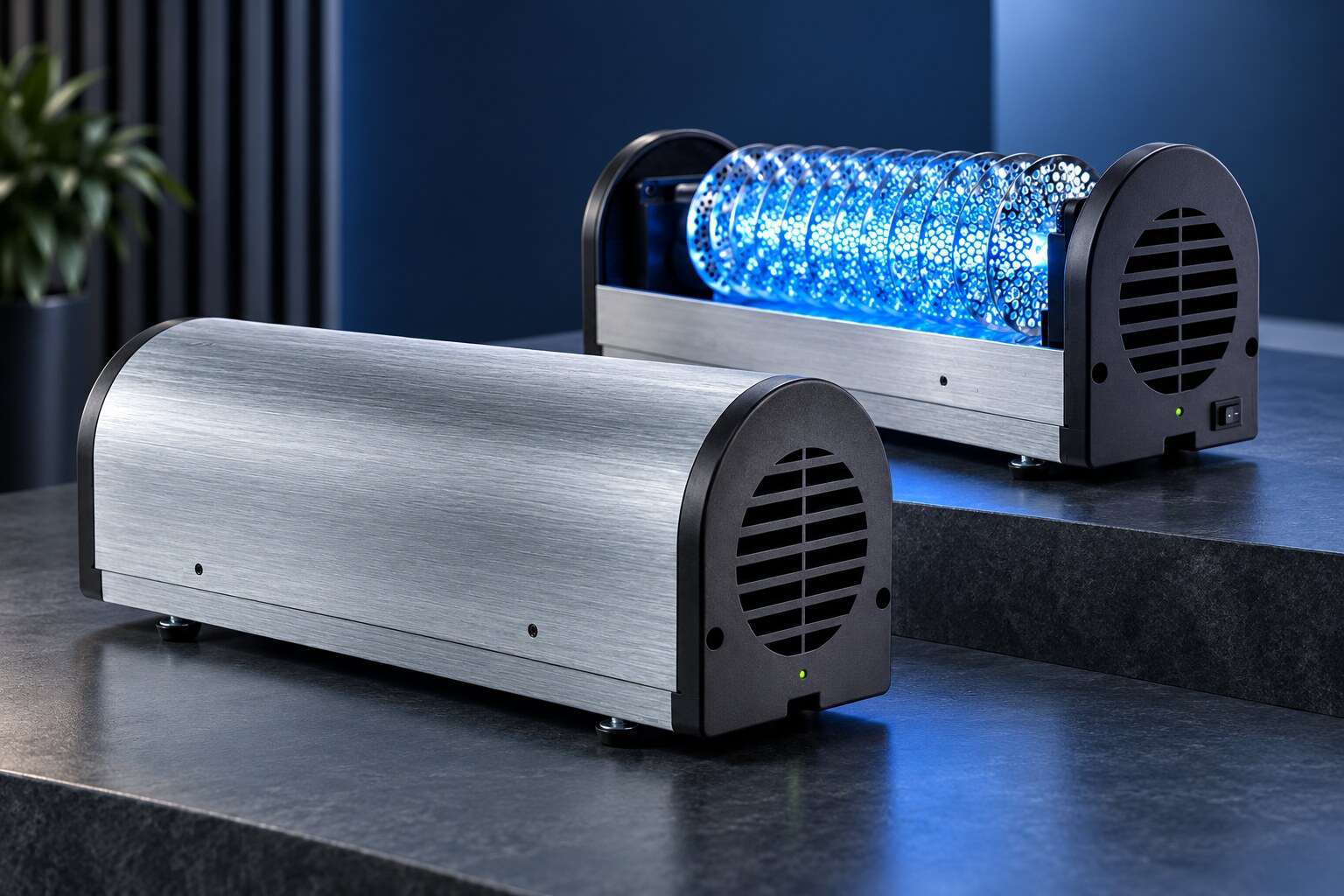 Compact aluminium air purification unit with internal treatment chamber