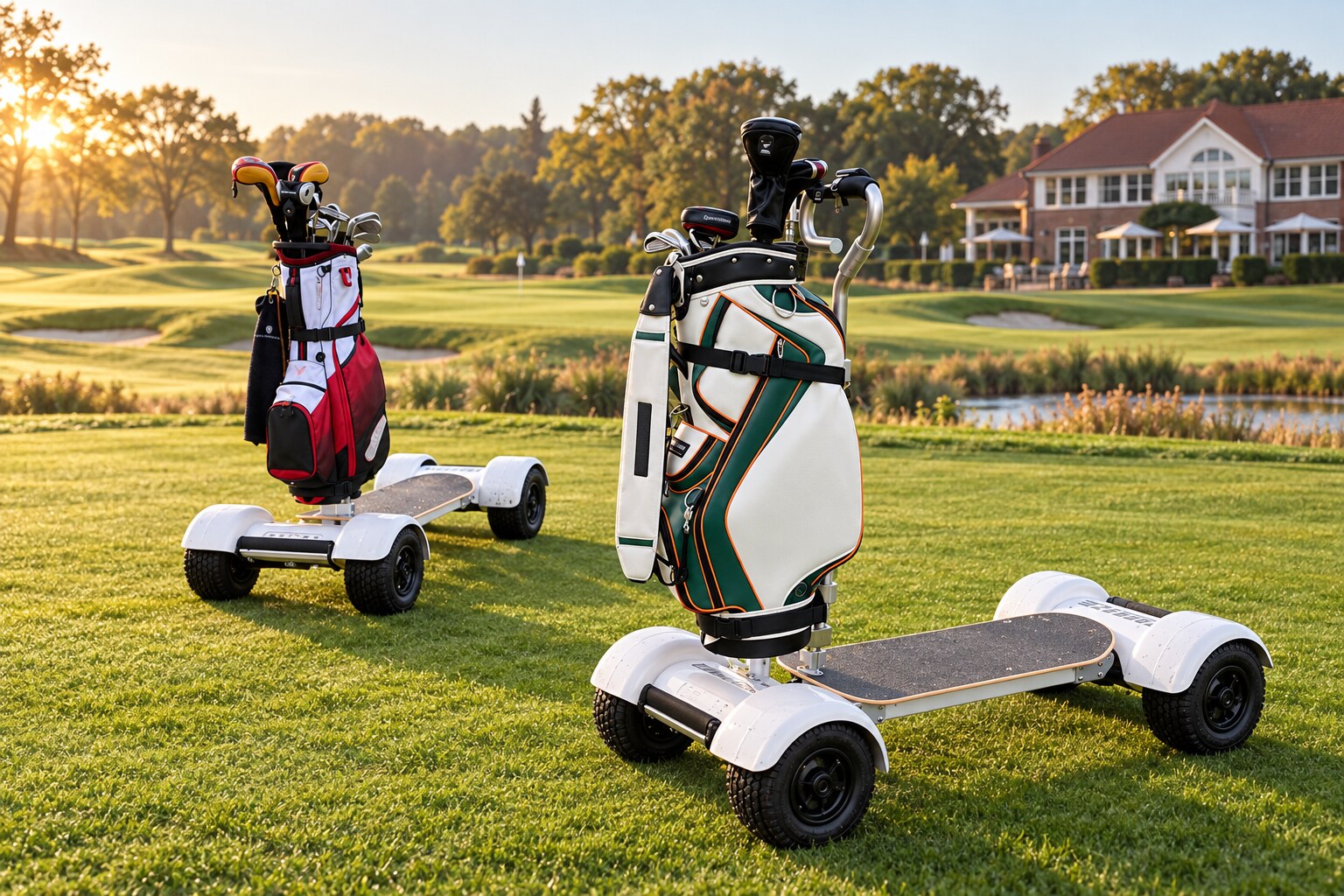 Electric golf boards carrying golf bags on a golf course