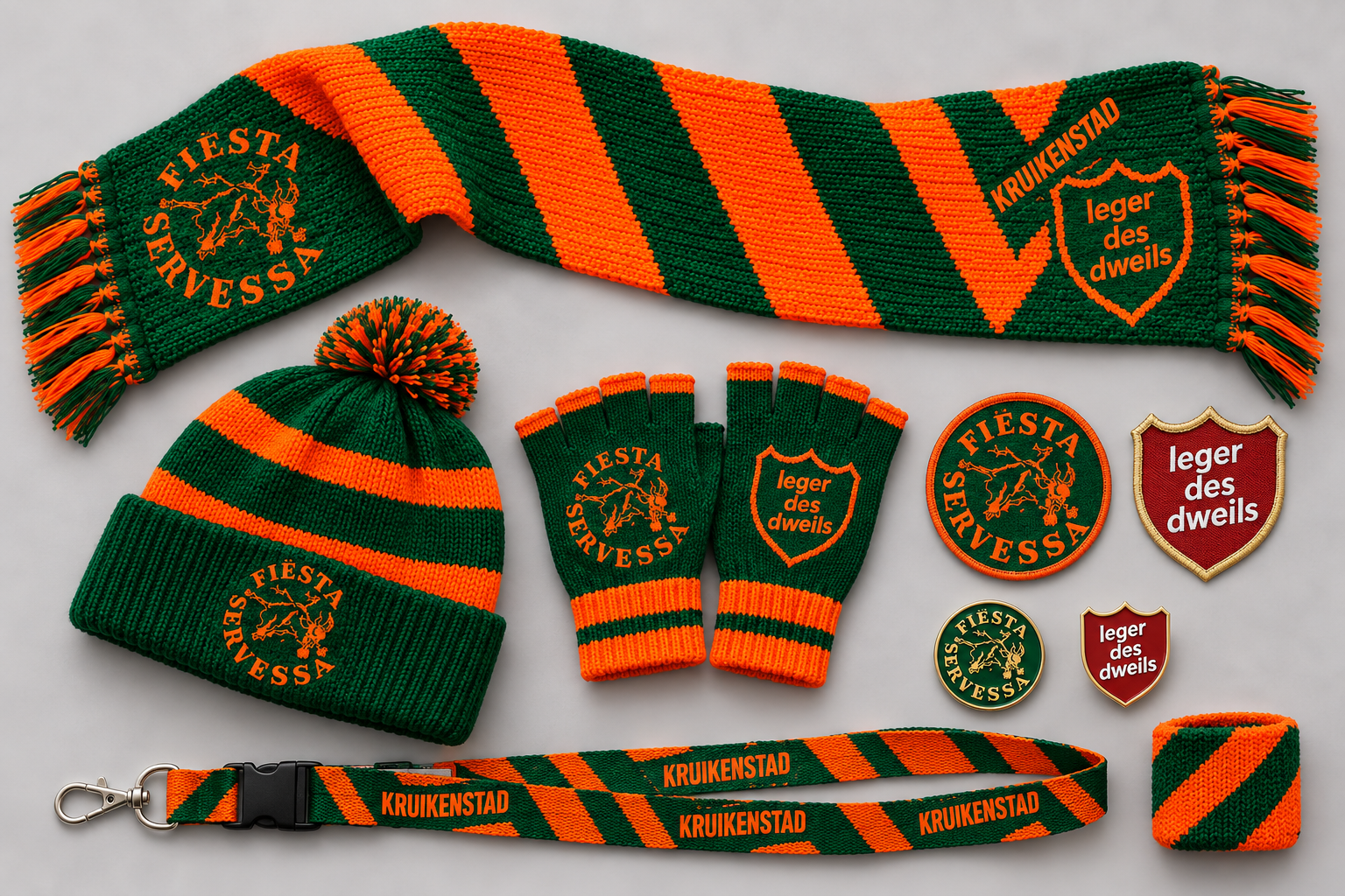 Complete oranje-groene carnavalscollectie van Fiesta Servessa en Leger des Dweils