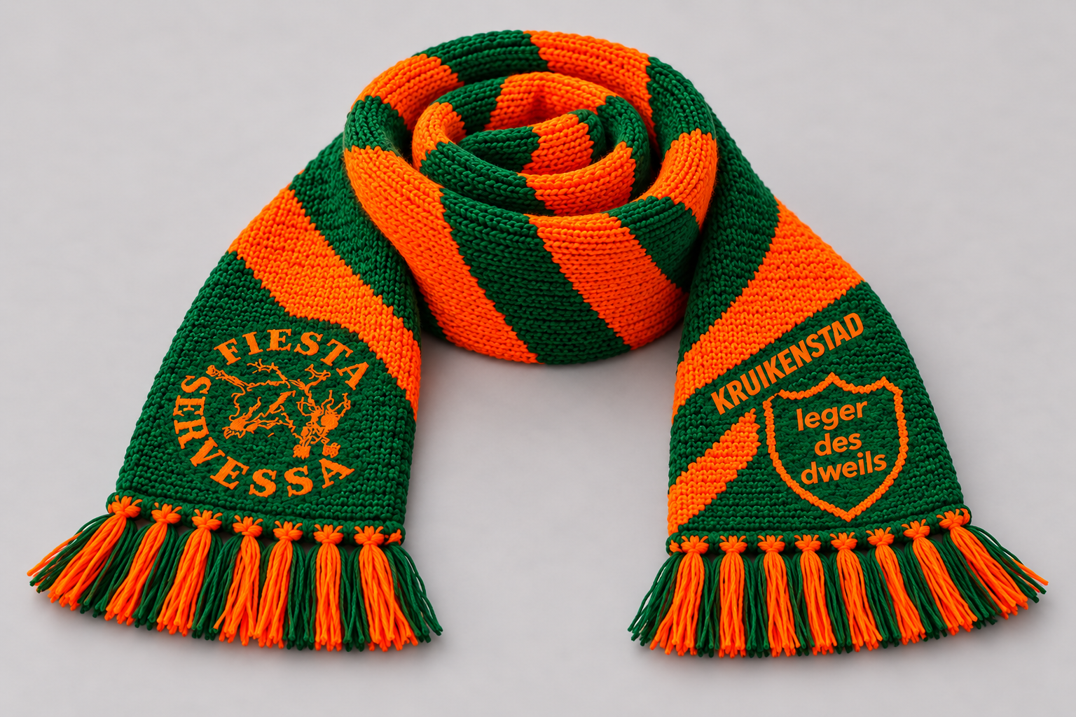 Opgerolde oranje-groene Kruikenstad carnavalssjaal
