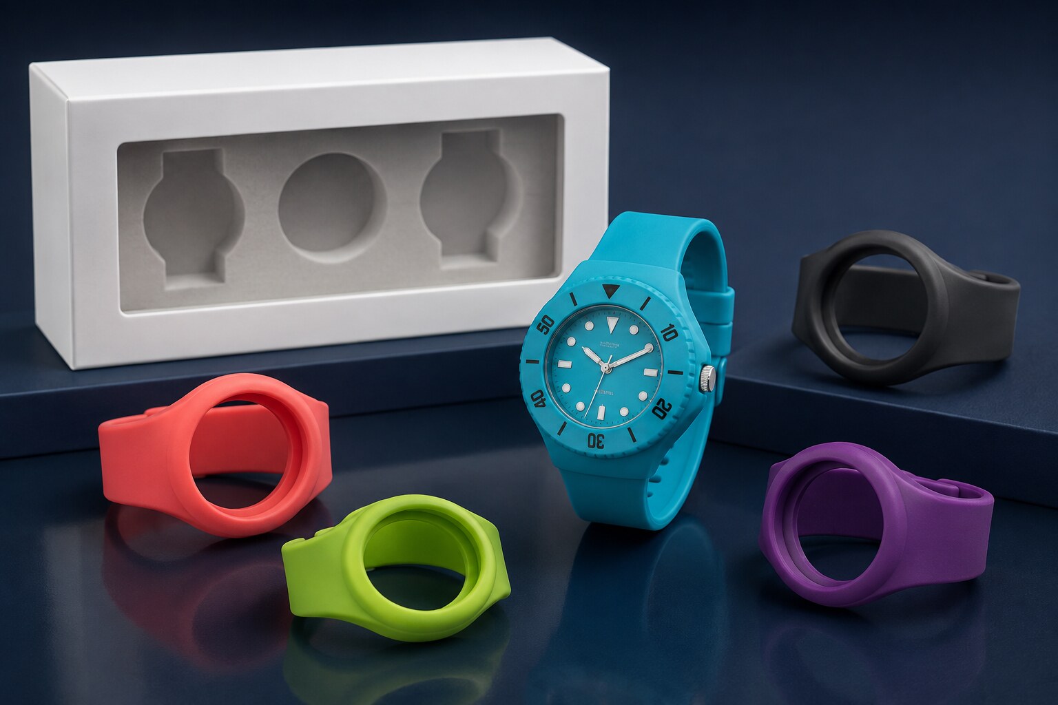 Interchangeable silicone watches with multiple coloured straps