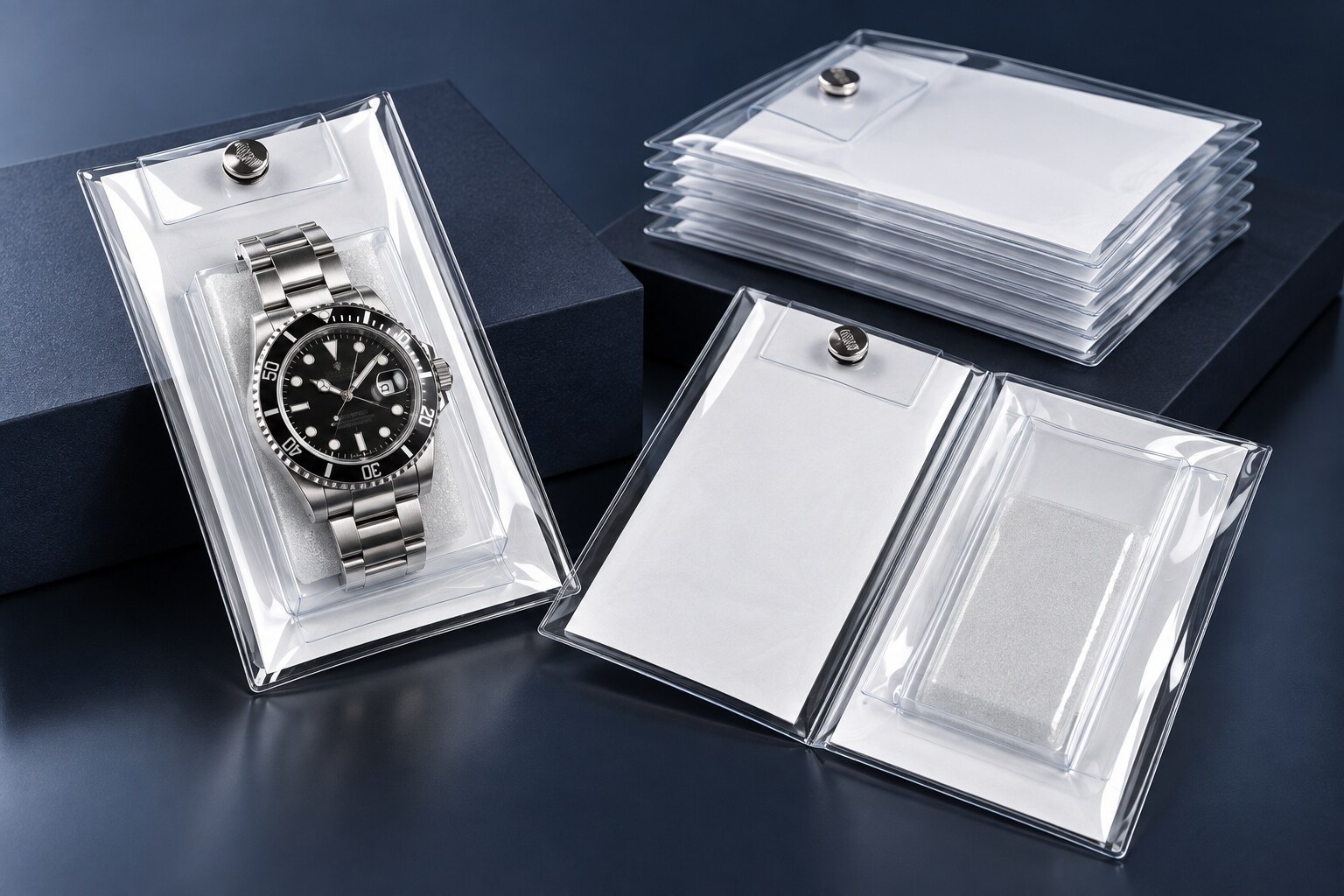 Transparent protective watch wallets with snap closure