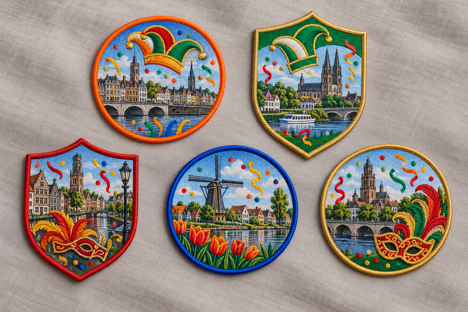 Fijn geweven carnaval emblemen met stadsgezichten