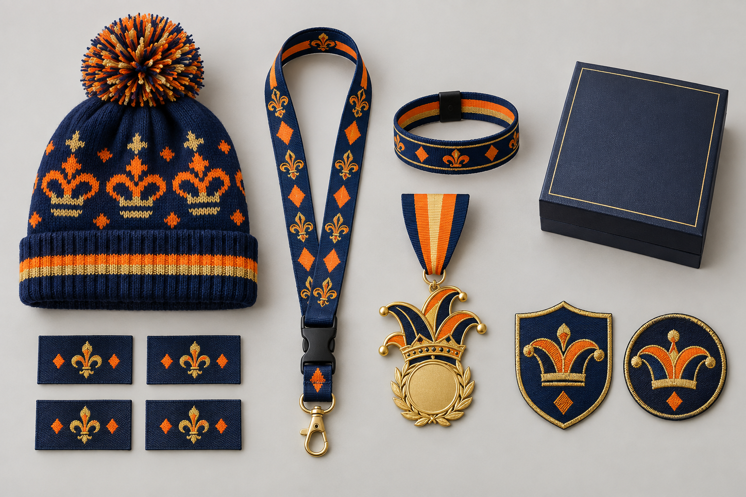 Complete carnaval merchandise met labels, muts, medaille en verpakking