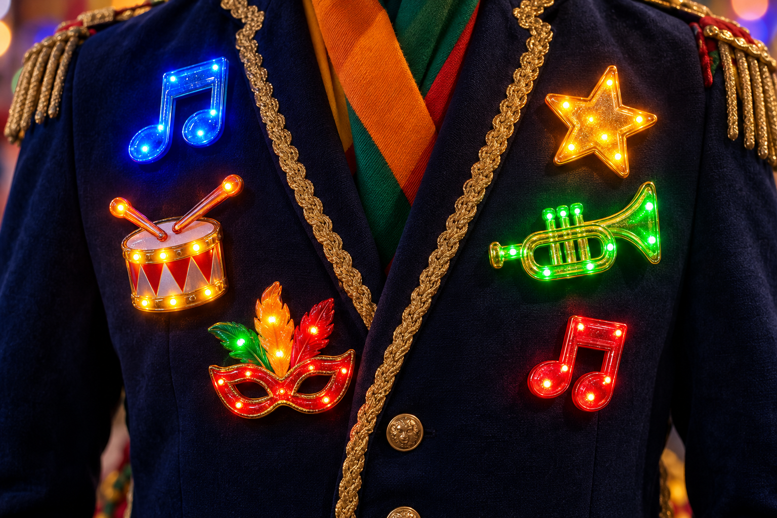 Verlichte LED-pins en lichtbadges gedragen op een carnavalsjas