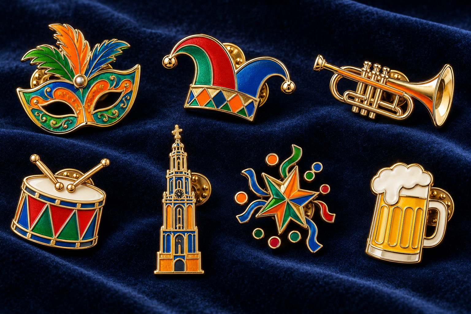 Metalen carnaval pins in emaille en reliëf