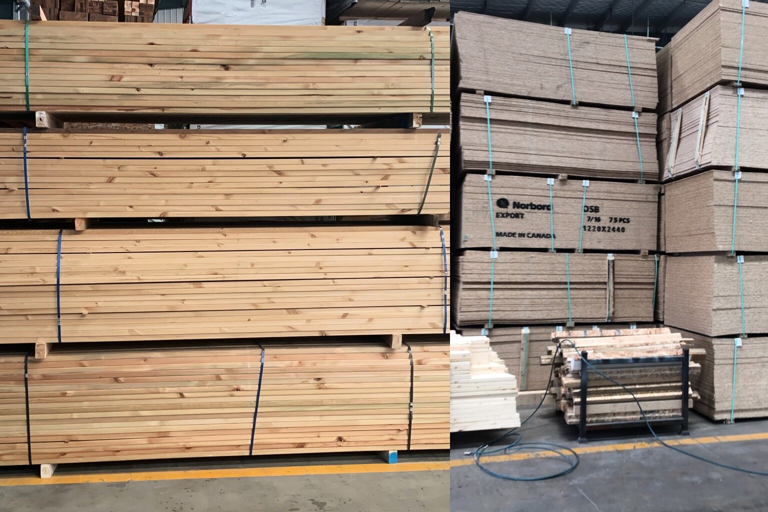 Bundled structural timber and Norbord OSB panels in production storage